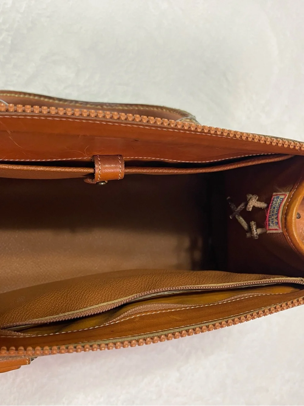 Dooney & Bourke Trio Red Leather Satchel, Wallet, Keychain Vintage Tan Trim FLAW